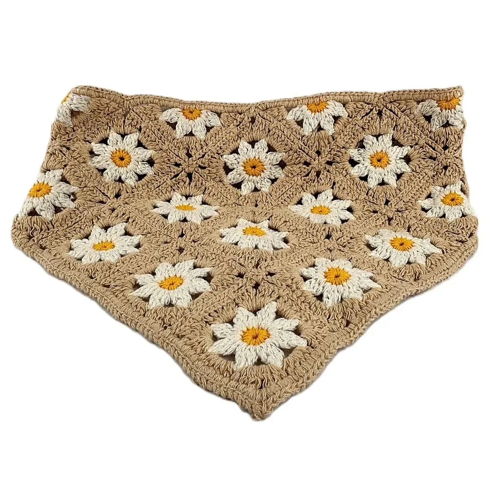 Crochet Daisy Bandana Hair Scarf Boho Granny Square Headwrap Knit Cottagecore
